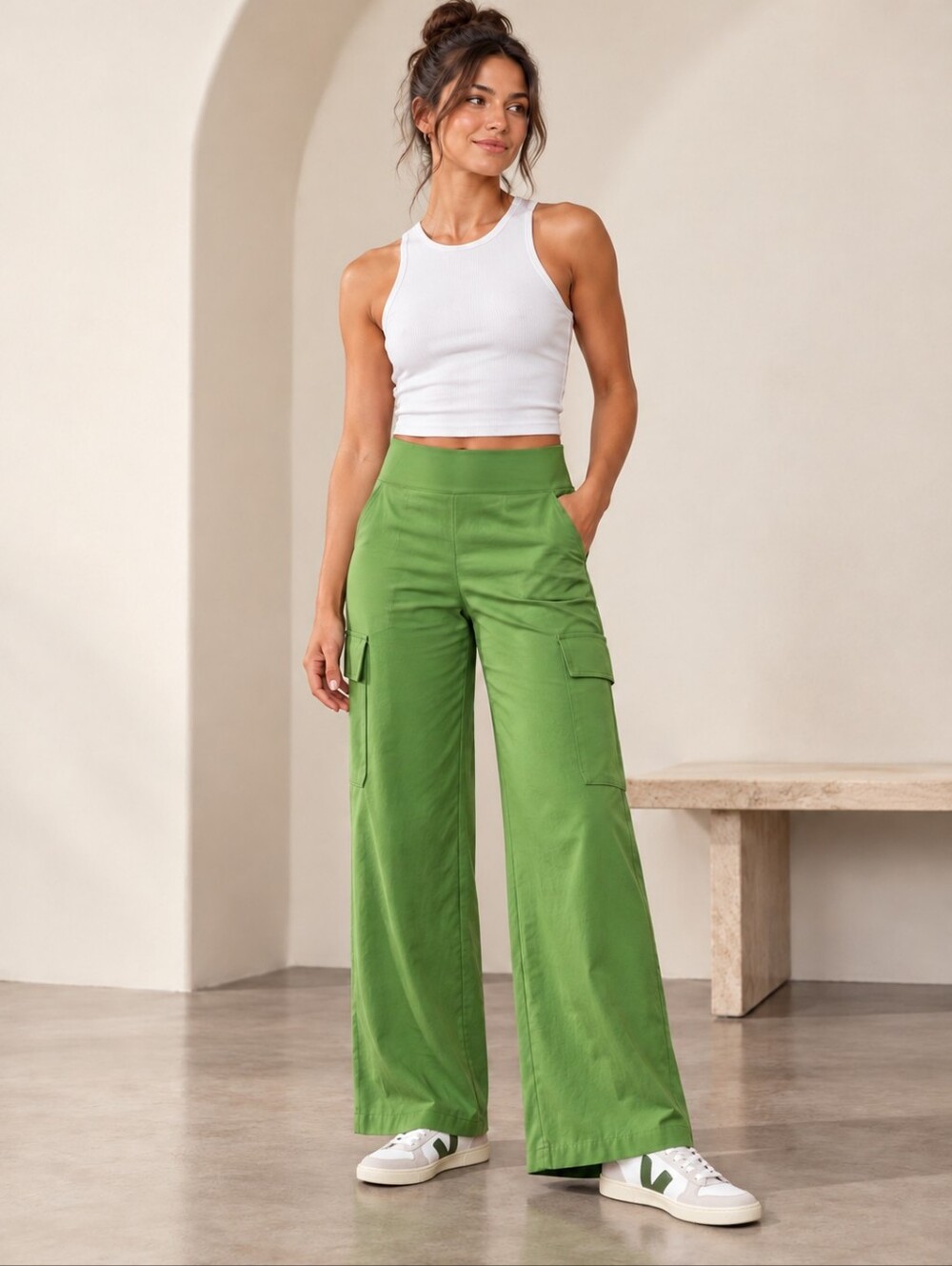 Athleta Brooklyn Heights High Rise Cargo Pant 4 Petite Zip Pockets Baja Green
